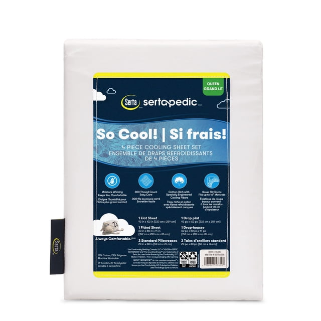 Sertapedic So Cool! Ensemble de Draps Rafraîchissants 4 Pcs Format Grand Comprenant des Draps Blancs Faits d'Un Mélange Coton-Polyester de 300 Fils au Pouce, avec Tissu Qui Évacue l'Humidité et au Toucher Frais, Incluant Drap Plat, Drap-Housse et Deux Taies d'Oreiller, Convient aux Dormeurs Ayant Chaud et aux Climats Chauds.