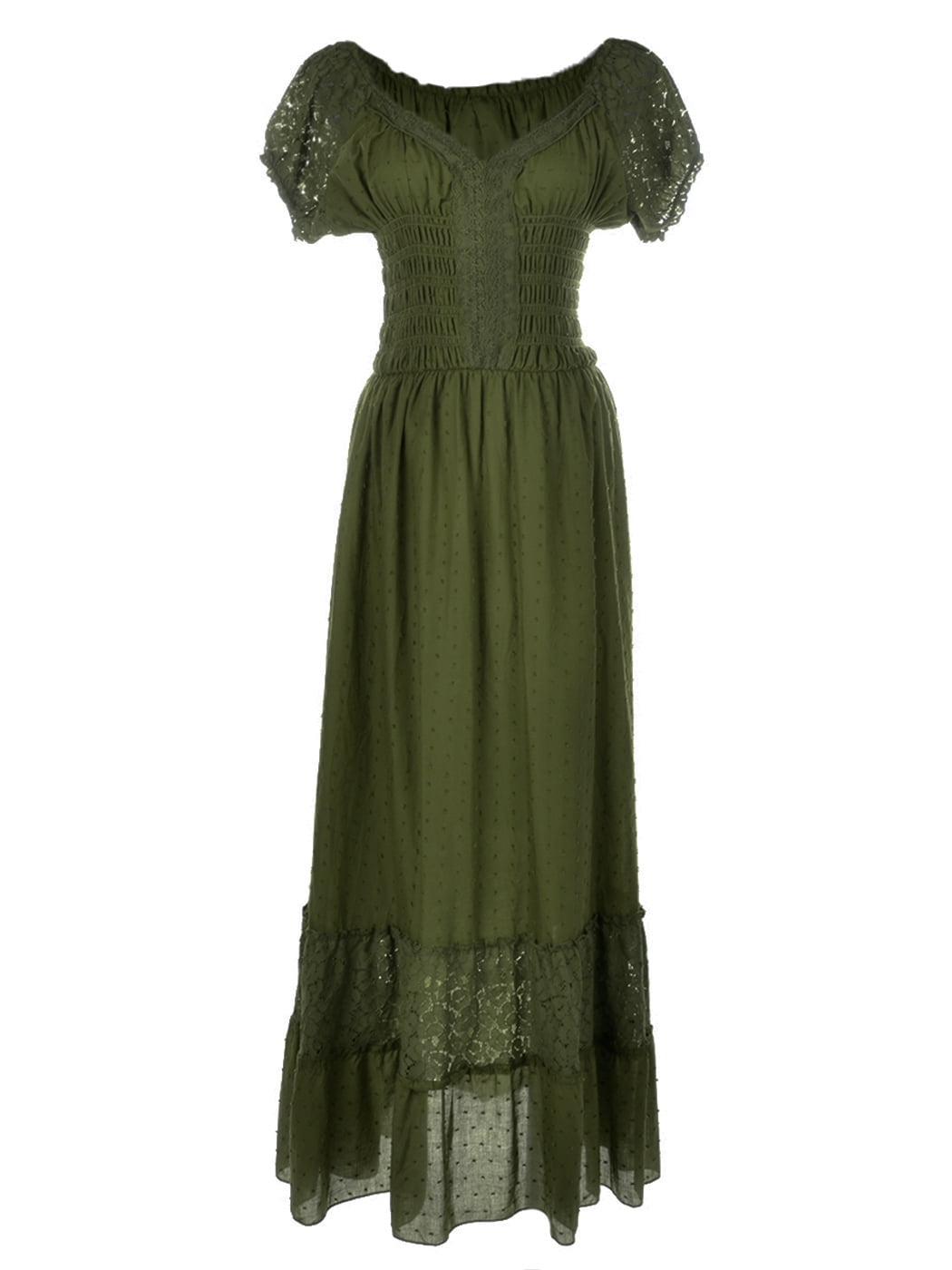 Women Renaissance Peasant Maiden Boho Inspired Cap Sleeve Lace Trim Maxi Dress, Olive Green, XX-Large