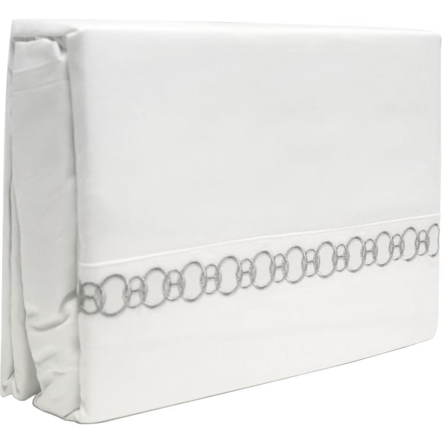 Johnson Home 300 Thread Count Egyptian Cotton Sheet Sets with Embroidery Details folded white sheet set featuring a grey embroidered chain-link pattern near the edge, made from breathable 300-thread count Egyptian cotton for all-season comfort.