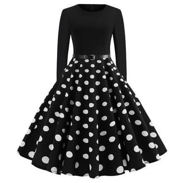 Pompotops Robe Vintage Évasée pour Femmes, Ligne A, Ceinture, Bal, Manches Longues, Imprimé à Pois, Robe de Soirée en Solde