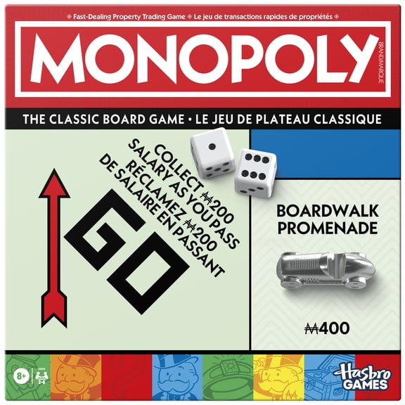 Monopoly, jeu de plateau classique avec boîte de rangement et pions grand format, jeux familiaux, à partir de 8 ans