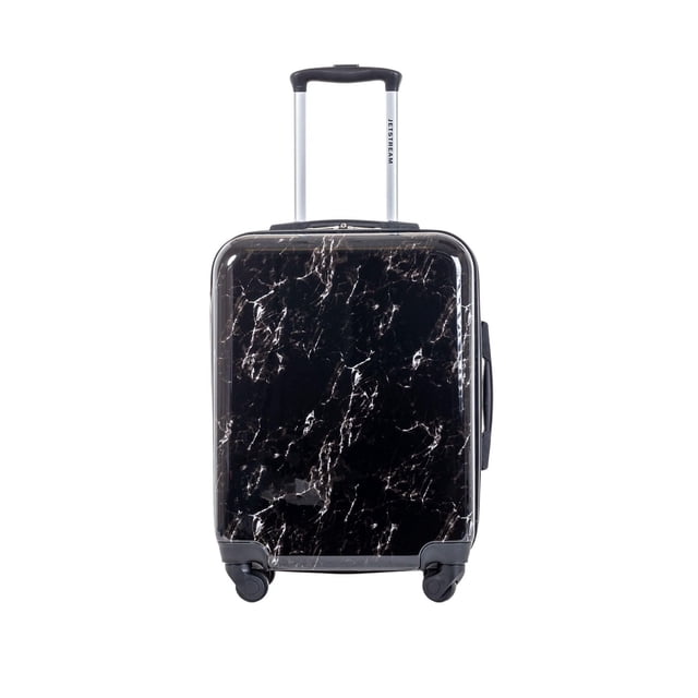 JT 20IN MARBLE HRDSD carry-on suitcase with durable black marble-patterned ABS hard shell, locking telescopic handle, four 360-degree spinner wheels, side carry handle, and interior organizer with compression straps for secure packing.