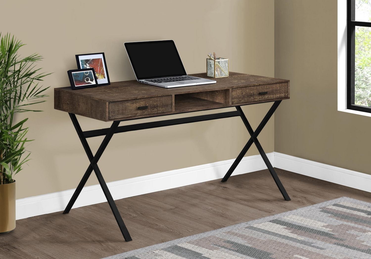 Monarch Specialties Computer Desk, Home Office, Laptop, Storage Drawers, 48"l, Work, Metal, Laminate, Brown, Black, Contemporary, Modern