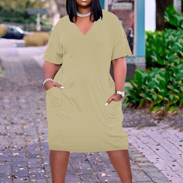 BEFOKA Robe pour Femme Grande Taille, Liquidation de Robes d'Été pour Femmes, Robe Unie Grande Taille à Manches Courtes et Col avec Poches pour Femme