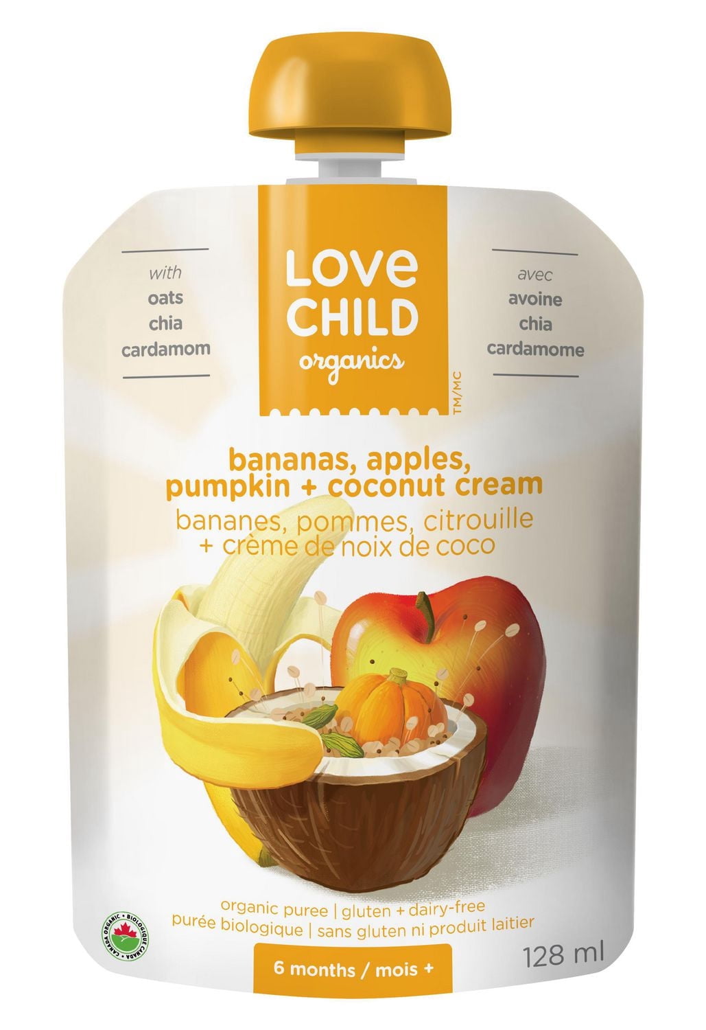 Purée bananes, pommes, citrouille + cardamome Brekky Blends Love Child Organics, 128 ml, sachet