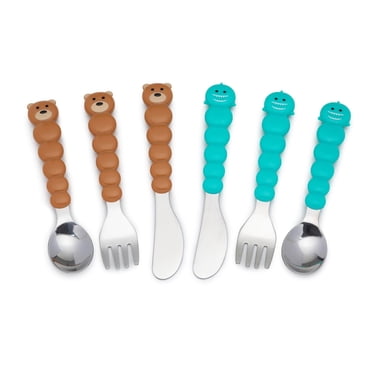 Melii stainless steel spoon, fork & knife set for kids, 6 pack, bear & shark