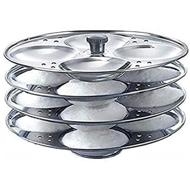 Stainless Steel 4 Plate Idli Stand designed for making soft and fluffy idlis. The stand features four stacked plates, each with four cavities, allowing preparation of up to 16 idlis at once. Made from durable, rust-resistant stainless steel with a shiny silver finish, it includes holes for better steaming. Compatible with most cookers, including 7.5-litre Prestige Pressure Cookers, and ideal for family meals or gatherings. Suitable as a food steamer accessory for versatile cooking needs.
