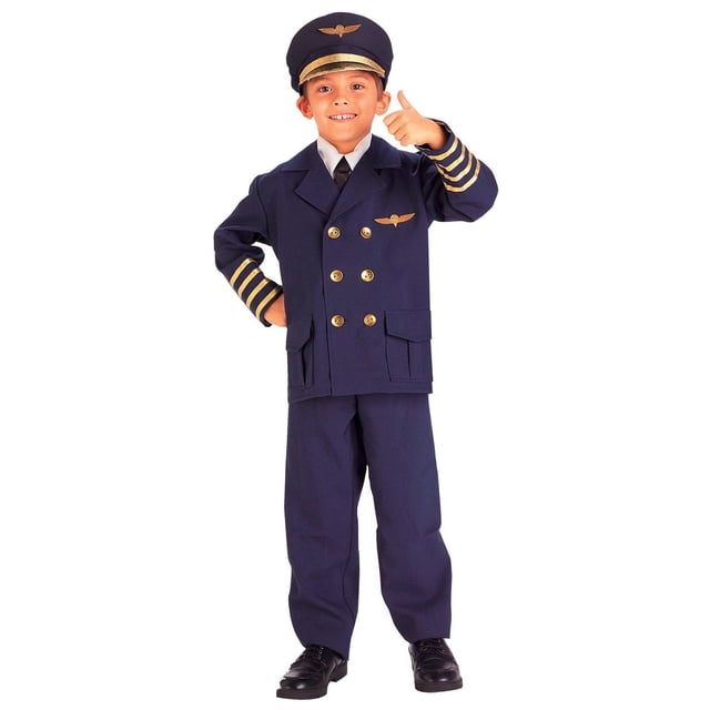 Airline Pilot Children's Costume includes a navy blue polyester jacket with gold buttons and pilot wings pin, navy blue pull-on pants, white shirt front with elastic black tie, and a navy pilot hat with gold wings and trim, shown front-facing with one hand on hip and the other giving a thumbs up, ideal for Halloween or dress-up play.