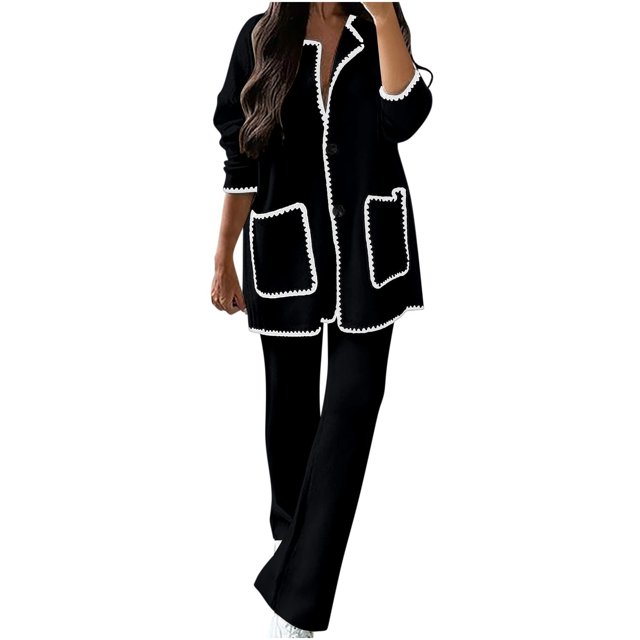 Timegard Ensembles 2 Pcs pour Femmes Col en V Manches Longues Vestes Boutonnées Pantalons à Jambe Droite Ensembles d'Automne