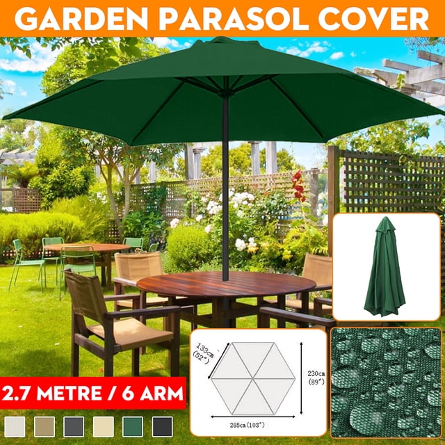 9ft 6 Ribs Umbrella Replacement Canopy for garden patio market tables, shown in green polyester fabric with UV30+ protection and water resistance. Fits 2.7m 6-arm patio umbrellas. Ideal for outdoor shade and patio umbrella accessories, featuring easy assembly and compatibility with wooden, steel, and aluminum frames.