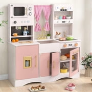 INFANS Kids Kitchen Playset, Cooking Toy Kitchen Set with Coffee Machine Stove Removable Sink Microwave Storage Cabinet, Simulation Wooden Play Kitchen for Toddler Boys Girls (Peach Pink)
