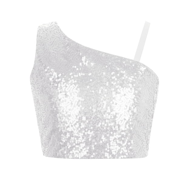 iixpin Girls Off Shoulder Tops Kids Sparkle Glitter Spaghetti Straps Pageant Crop Tank Top White 12