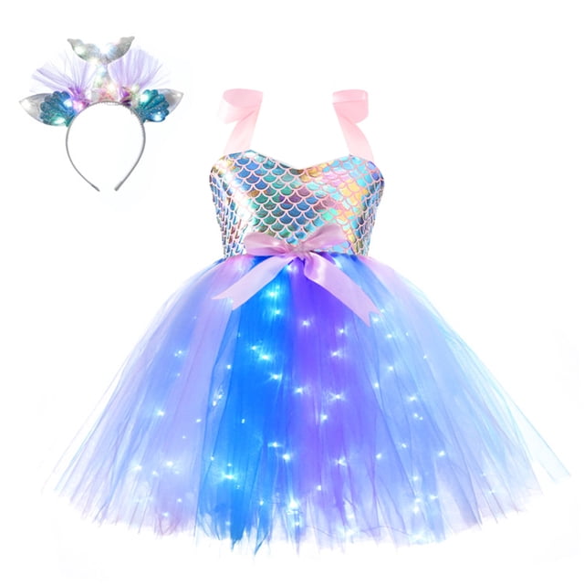 Déguisement de Fille Mermaid Tutu Lumineux à DEL Cadeaux Mermaid Robe de Princesse pour Halloween Cadeau d'Anniversaire 2-10 Ans