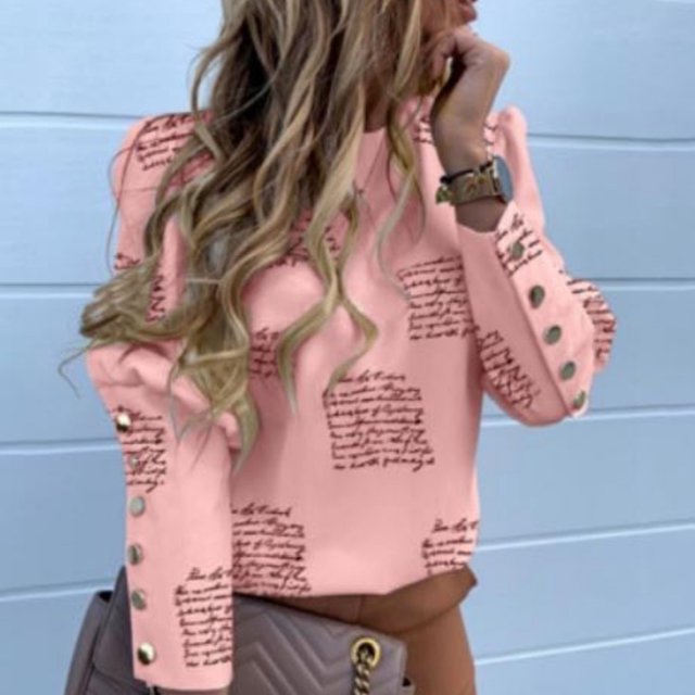 Mode Décontractée Femmes Col Rond Imprimé Simple Boutonnage Manches Longues Hauts Blouse