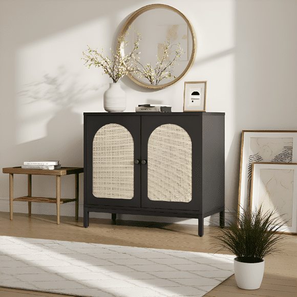 Rattan Accent Buffet with Arch Carving | Farmhouse Storage Cabinet with Adjustable Shelf & Wood Grain Finish