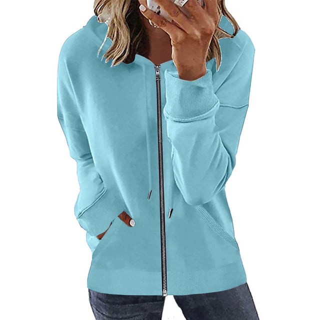 TIMIFIS Chandail à Capuchon à Manches Longues pour Femmes, Veste de Survêtement Zippée avec Poches - Bleu Pâle - Sfall