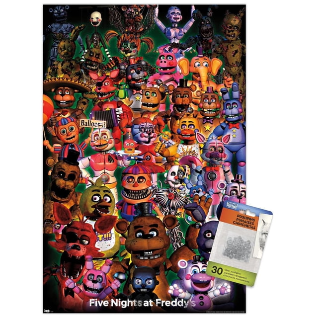 Five Nights at Freddy's - Affiche Murale de Groupe Ultime, 22,375 Po x 34 Po, Présentant un collage avant de Personnages Animatroniques Colorés de la Série de Jeux avec des textures Détaillées et des expressions Variées sur un Fond Vert Foncé, Parfait pour Décorer des Chambres, des Bureaux Ou des Salles de Jeux.