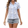 thumbnail image 2 of Hauts d'Été Grande Taille pour Femmes Mode Décontractée Chemisier à Manches Courtes Col Rabattu Col Rond Bouton Élastique Confortable Chemises Col en V T-Shirt Femmes en Liquidation, 2 of 6
