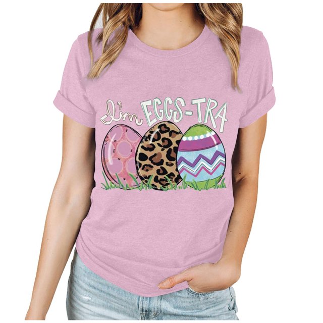 EGNMCR Chemise de Pâques à Manches Courtes pour Femmes Imprimé de Pâques Haut à Manches Courtes Col Rond T-Shirt pour Femmes