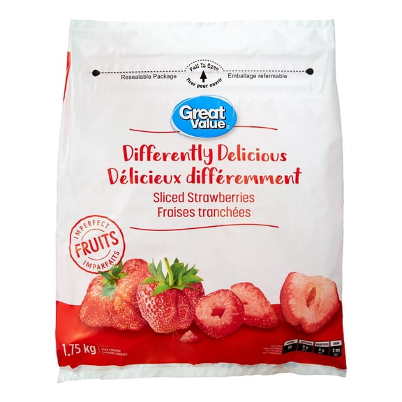 Great Value Differently Delicious Sliced Frozen Strawberries, Imperfect Fruits, 1.75 Kg