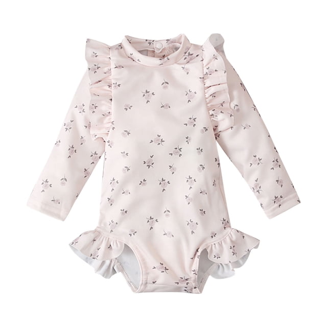 DecSea Baby Girls Cute One Piece Swimsuit UPF 50+ Floral Print Long Sleeve Ruffled Swimwear Bathing Suit