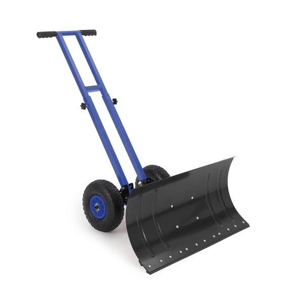 Rolling Snow Shovel with Wheels – Heavy Duty 29x14" Metal Blade – 5-Position Angled & Height Adjustable Handle – Driveway, Sidewalk & Pavement – Black & Blue, Spec: 36