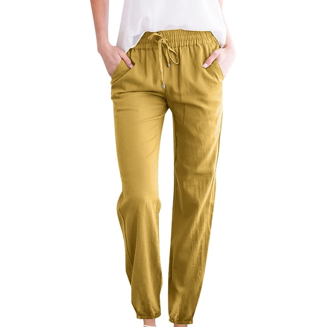 FNFYFH Clearance Cotton Linen Pants for Women Drawstring Elastic Pant with Pockets Solid Trousers,Gray