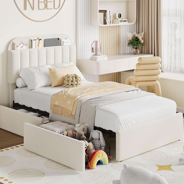 Bingirl Twin-Size Bed Frame with Storage Headboard and 2 Drawers - Boucle Upholstered Platform Bed with Bookcase, Easy Assembly, No Box Spring in Beige White