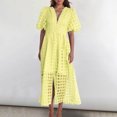thumbnail image 2 of Mikilon Robes d'Été pour Femmes Ensemble Jupe Aguichant Robe à Carreaux à Manches Courtes Lanterne Aguichant à Col en V Profond Robes Gaine Mode Décontractée Taille Haute Unie Robe de Soirée avec Fente Jaune G, 2 of 6