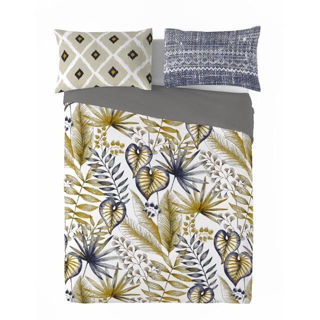 Gouchee Home Tel Aviv King 3-Piece Duvet Cover Set with tropical leaf print in mustard yellow and navy blue on white, reversible to mint green cotton percale, includes two pillow shams with geometric and textured patterns, shown from above.