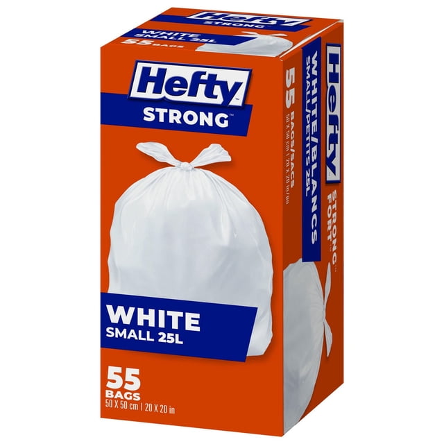 Hefty Garbage Bags, Strong Small 25 Litres White Kitchen, 55 Bags box with bright orange background featuring a tied white 25L garbage bag, highlighting easy-flap closure and ideal use for kitchen and small household waste disposal.