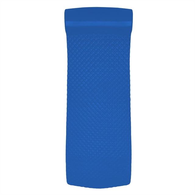 TRC Recreation Super Soft 2” Thick Swimming Pool Float Mat in indigo blue, featuring a 2-inch thick vinyl-coated closed-cell foam construction. The float measures 70 inches long and 26 inches wide, with a smooth side and a textured convoluted foam side for added comfort. Includes a built-in neck roll pillow for extra buoyancy and support. Ideal for poolside lounging, beach relaxation, or floating on a lake. Durable, waterproof, and easy to clean with a damp cloth.