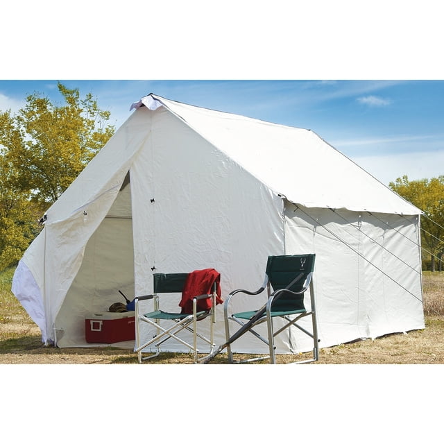 Guide Gear Plancher de Tente Murale en Toile 10x12 Pieds en PVC Robuste, Conçu pour le camping Robuste. le Plancher Résistant à l'Eau Mesure 10 Pieds x 12 Pieds et Est Tenu entre les Pieds et le Toile de Gazon de la Tente. l'Image Montre une Tente Murale en Toile Blanche Installée à l'Extérieur sur un Terrain Gazoné avec des Chaises de camping et une Glacière à Proximité. Note : le Matériau de la Tente et le Cadre Sont Vendus Séparément.