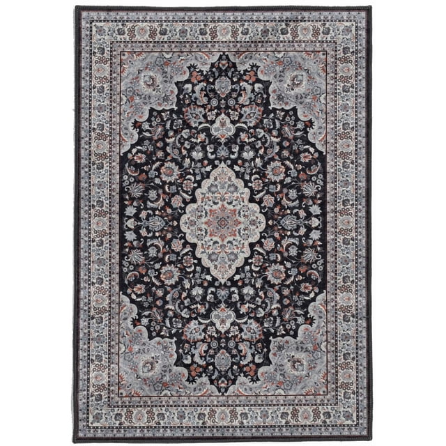 Emerald Paulson Cream & Blue 3'3" x 5' Accent Rug with a traditional floral medallion pattern in cream, blue, black, and rust tones. Low pile polyester construction with serged edges and felt backing with rubber grips, ideal for entryways, bathrooms, and small spaces. Its size also makes it suitable for layering over larger rugs.