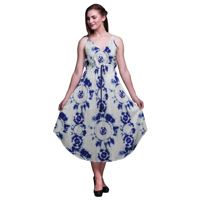 Bimba Robe de Plage Bohème Sans Manches Midi à Bretelles Imprimée Teinture sur Nœuds pour Femmes - XX-Grand