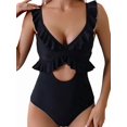 thumbnail image 2 of One Piece Swimsuit for Women Tummy Control Ruffle Bathing Suit V Neck Ruched Swim Suit Slimming Cutout Swimwear Black M, 2 of 7