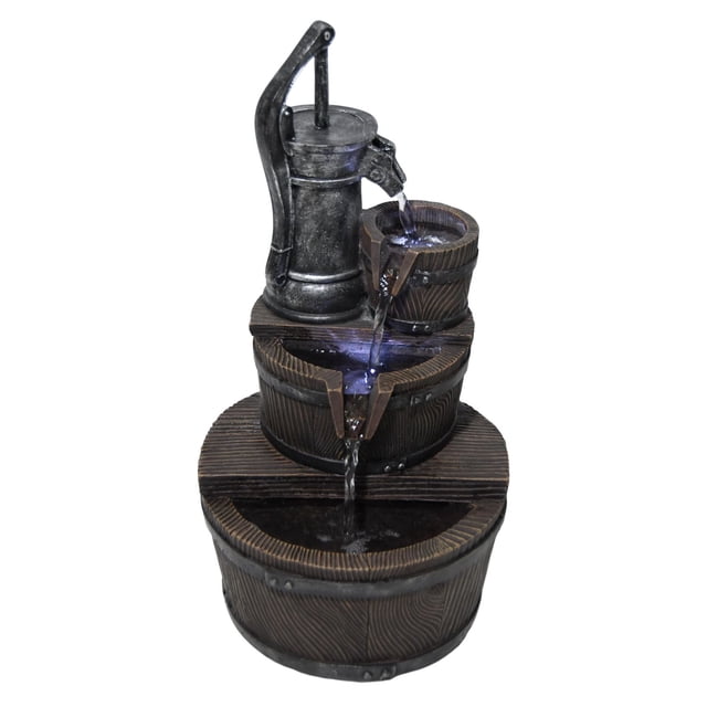 Angelo Décor Barillo Fountain with Light, 17-inch outdoor water fountain featuring a rustic pump pouring water into two wooden-style buckets with cascading flow and integrated LED lighting, made from durable Comp-Cast stone, fibre, and resin, suitable for patio decor and creating a relaxing ambience.