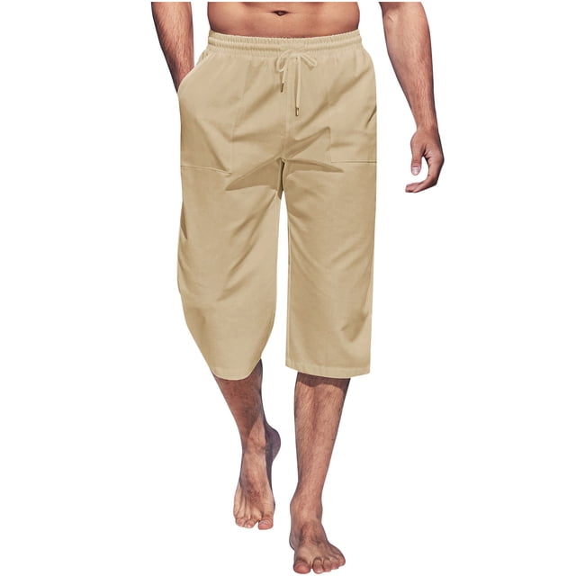 Capris, Mens Fashion Summer Drawstring Elastic Waist Casual Solid Color Capris Pants