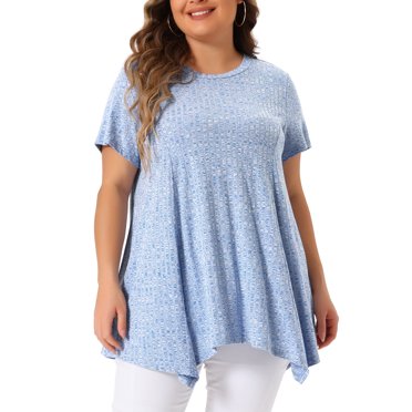 GRACE & GRANDEUR Plus Size Tunic Tops for Women Summer Crew Neck Flowy Swing Loose Short Sleeve Knit T Shirt Tops Blouse Casual 3X Blue