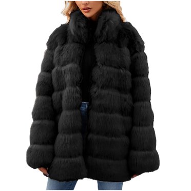 Penkiiy Women's 2024 Winter Faux Fur Jackets Fall Fashion Open Front Long Shaggy Coat Outerwear M Black