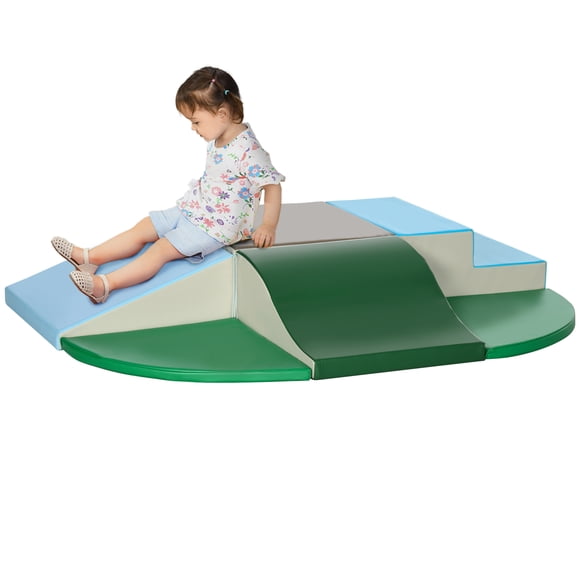 Qaba 6-Piece Soft Play for Toddlers to Climb, Crawl, Slide, Blue, Green