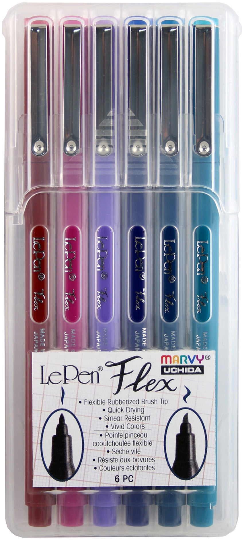 Uchida Le Pen Flex Set, Brush Tip, Assorted Ink Colors, 6 Pack