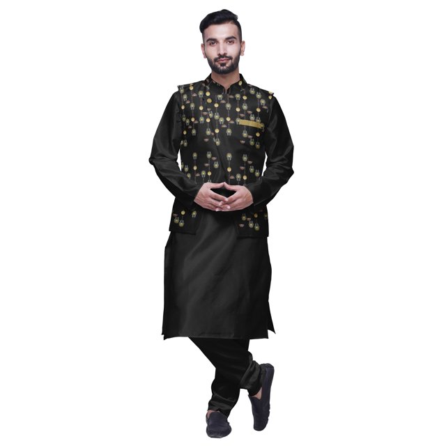 Atasi Men Mandarin Collar Solid Kurta Churidar Pajama & Printed Nehru Jacket Set