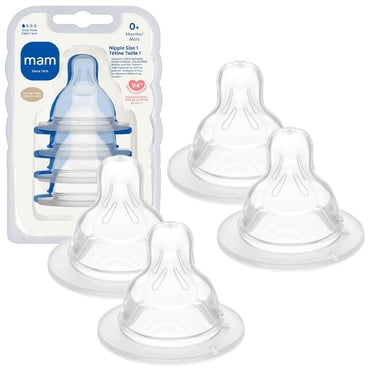 Tétines pour biberon MAM, tétine à débit lent niveau 1 (ensemble de quatre), pour nouveau-nés et bébés plus vieux, tétines en silicone SkinSoft pour biberons de bébé, convient à tous les biberons