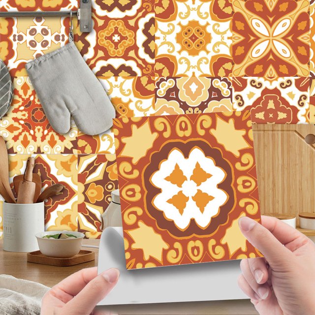 MAWCLOS Decals Peel And Stick Tile Sticker Backsplash Tiles 24 Pack Removable Wall Stickers PVC Floral Moroccan Waterproof DIY Style 8 7.87x7.87"/20x20cm
