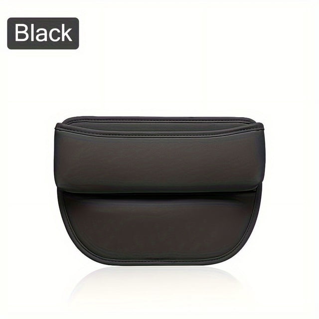 Car Seat Gap Organizer, Universal PU Leather Auto Console Side Pocket Seat Storage by GRM, shown in a black finish. This car interior accessory features a sleek, curved design with stitched detailing, suitable for storing small items like phones or keys. Ideal for placement between car seats.