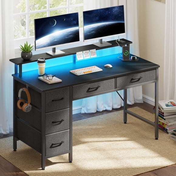 Greenstell 47" Gaming Computer Desk with LED Lights & Outlets,Home Office Table with Storage Drawer, Black