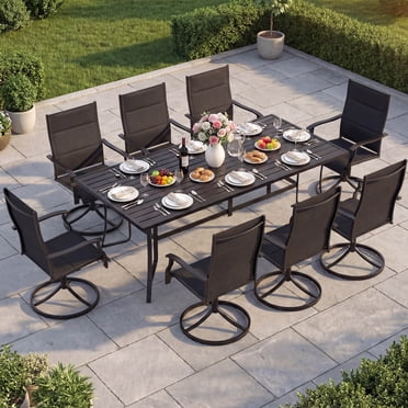Costway Ensemble de Salle à Manger d'Extérieur 9 Pcs, Table Rectangulaire de Patio 76” avec Trou pour Parasol pour Balcon Noir