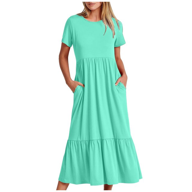 Penkiiy Robes Maxi pour Femmes 2024 Décontractées d'Été à Manches Courtes, Robe d'Été Ample Plissée à Étages Fluide de Plage avec Poches 2TG Vert Menthe