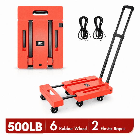 Foldable Dolly, Heavy Duty Dolly Cart, Folding Hand Truck with 6 Wheels & 2 Elastic Ropes, 500 LB Dolly Cart Capacity Portable Luggage Cart for Moving, Traveling and Shopping, Orange, 6 Wheels